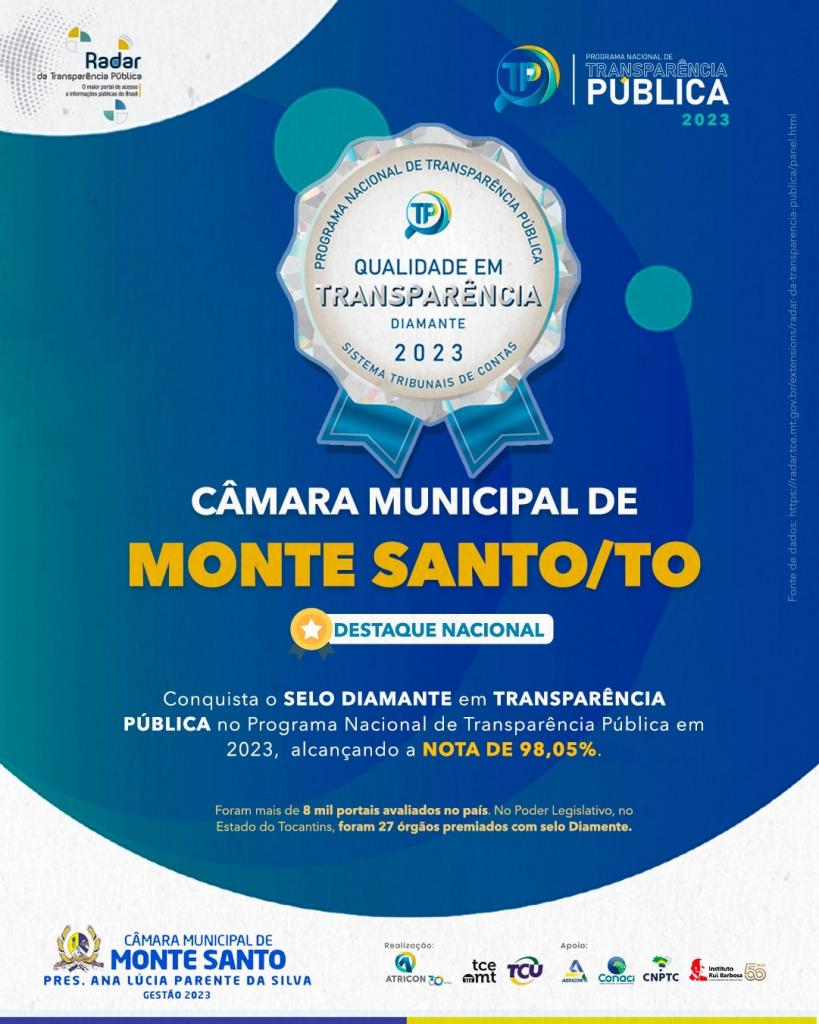 Câmara Municipal de Monte Santo recebe Selo Diamante de Transparência Pública em reconhecimento ao s